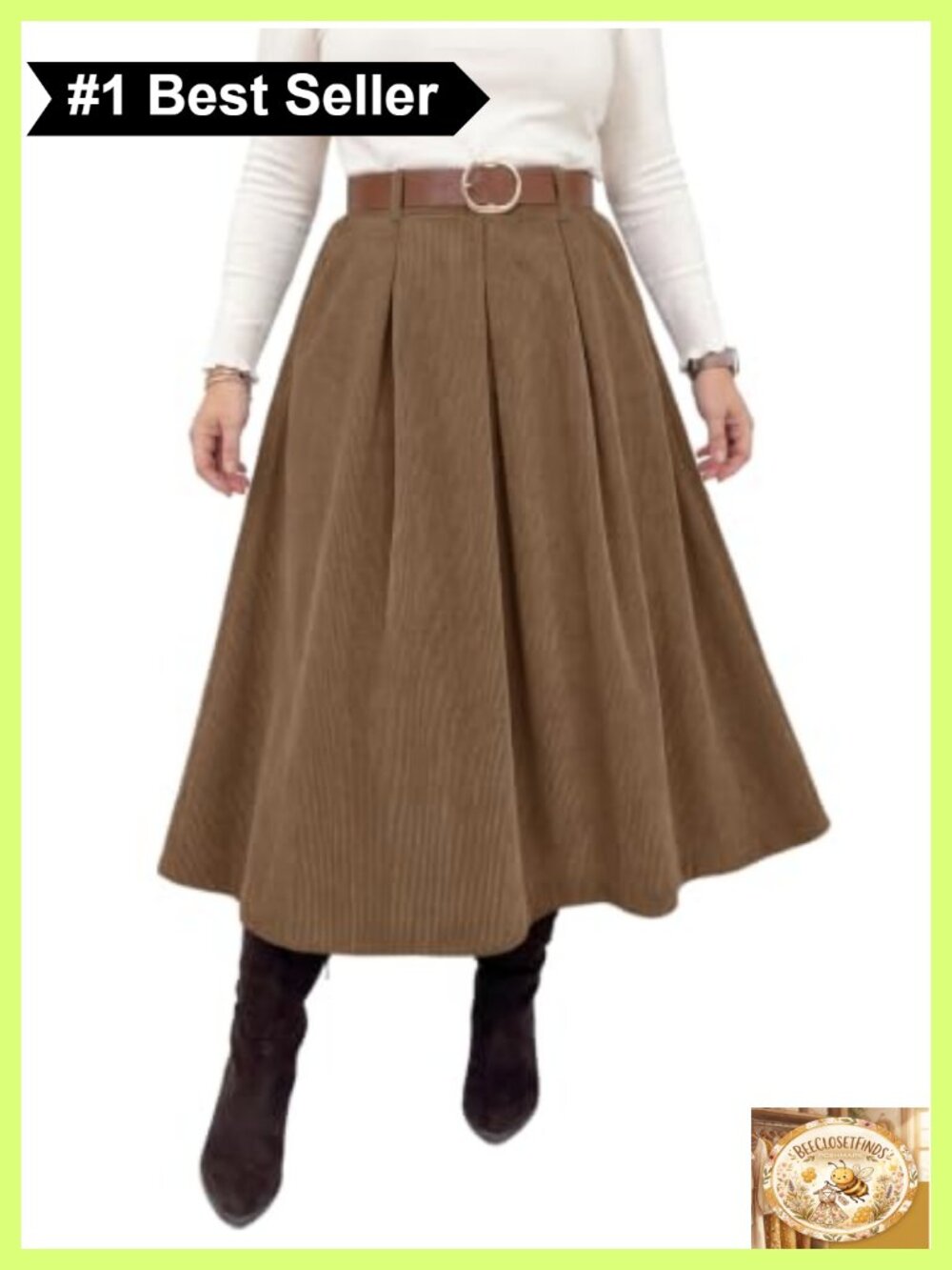 Plus Size Corduroy A-Line Pleated Skirt with Pockets